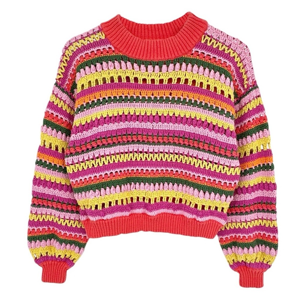 FARM RIO Fruit Dream Crochet 
Colorful Striped Sweater